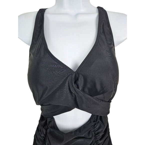 Womens Large Black Crisscross Ruched One-Piece Swimsuit Adjustable Straps Cutout - Picture 7 of 11